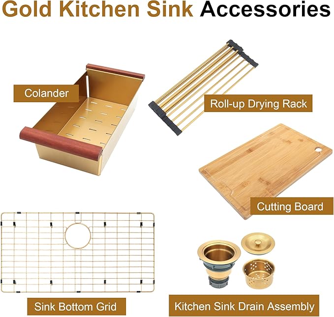 Gold Kitchen Sink, 33" x 22" Drop In Kitchen Sink,16 Gauge Stainless Steel All In One Workstation Sink with Ledge & Accessories, 33" x 22" x 10" Large and Deep Top Mount Kitchen Sinks