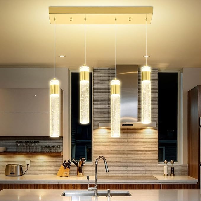 4-Light Gold Pendant Lights Kitchen Island Modern LED Dimmable Gold Crystal Column Ceiling Light for Dinning Room Living Room 32W
