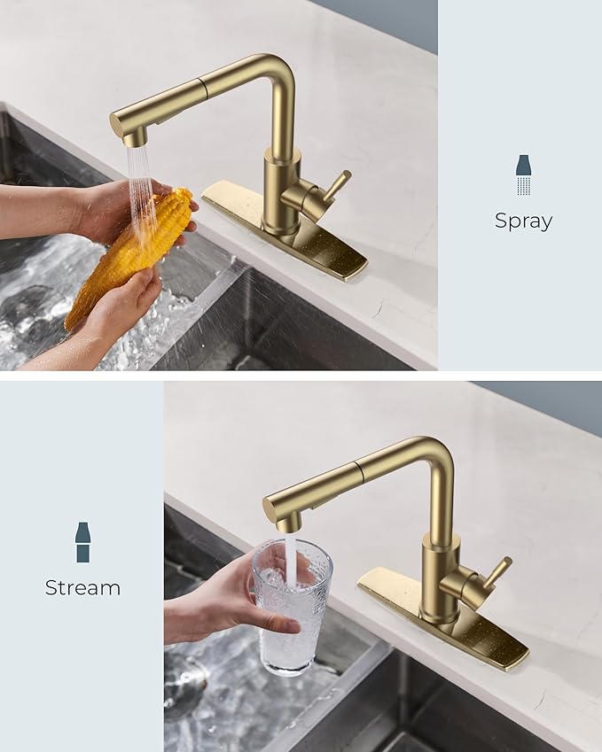FORIOUS Gold Kitchen Faucet with Pull Down Sprayer, Stainless Steel Single Handle Classic Pull Out Sink Faucet for Farmhouse Laundry RV Bar, with Deck Plate for 1 or 3 Holes