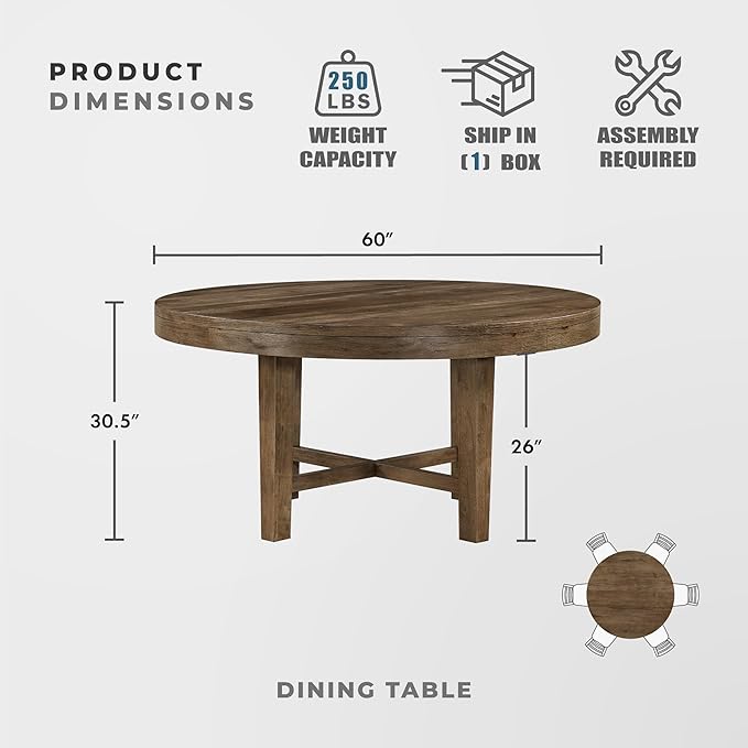 Lexicon 60 Inch Round Dining Table for 4-6 People, Solid Wood Frame with Circle Top, Farmhouse Small Round Kitchen Table for Dinner, Living Room, Modern Natural Wooden Finish, Easy Assembly, Brown