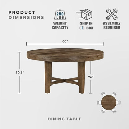 Lexicon 60 Inch Round Dining Table for 4-6 People, Solid Wood Frame with Circle Top, Farmhouse Small Round Kitchen Table for Dinner, Living Room, Modern Natural Wooden Finish, Easy Assembly, Brown