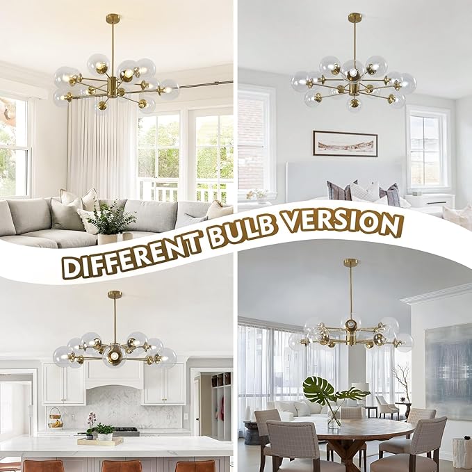 KCO Lighting 12-Light Modern Sputnik Chandelier Clear Bubble Glass Chandelier Mid Century Large Gold Globe Pendant Light Farmhouse Dining Room Lights Kitchen Island Lighting Fixture