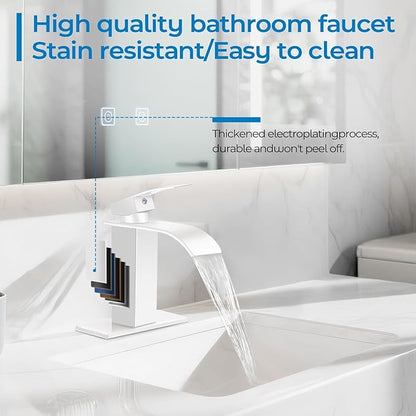 White Bathroom Faucets, Waterfall Bathroom Sink Faucet Modern Single Handle Bathroom Faucte 1 or 3 Hole, RV Mixer Tap Vanity Faucet - Includes Pop-up Drain Supply Hoses Deck Plate
