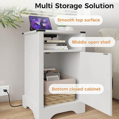 RoyalCraft 25" Tall Nightstands Set of 2, Farmhouse Nightstand with Charging Station, Large End Table with Storage, White Wood Bedside Table for Bedroom, White