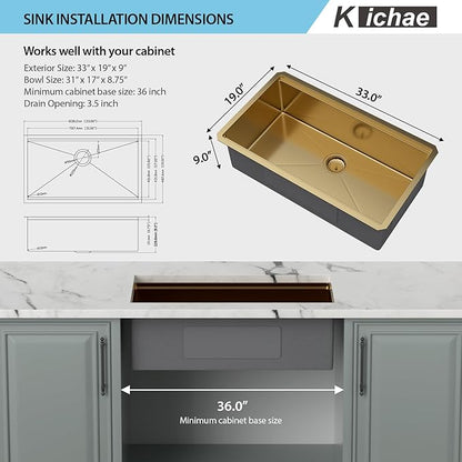 33 Gold Kitchen Sink - Kichae 33"x19" Gold Undermount Kitchen Sink Stainless Steel 16 Gauge Ledge Workstation Single Bowl Deep Round Corner Handmade Basin For Luxury Kitchens
