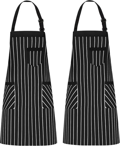NLUS 2 Pack Cooking Aprons for Women with Pockets Adjustable Kitchen Bib Aprons for Women Men Chef, Black/White Stripe (Black/White Stripes)