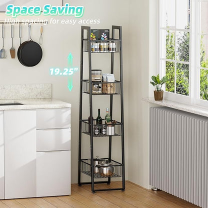 Simple Trending 4 Tier Wire Market Basket Standw, Fruit Basket Storage Stand for Vegetables, Bread, Onions, Potatoes, Black