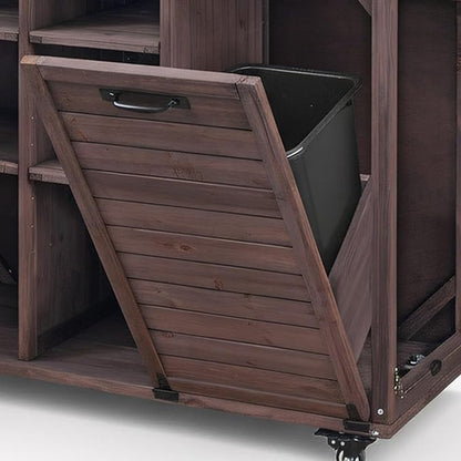 78.3" Outdoor Kitchen Island with Foldable Grill Table & Storage, Wooden Cart with Stainless Steel Top, Trash Can Holder, Bar Cart for Patio Lawn Garden (78.3"+Dark Brown)
