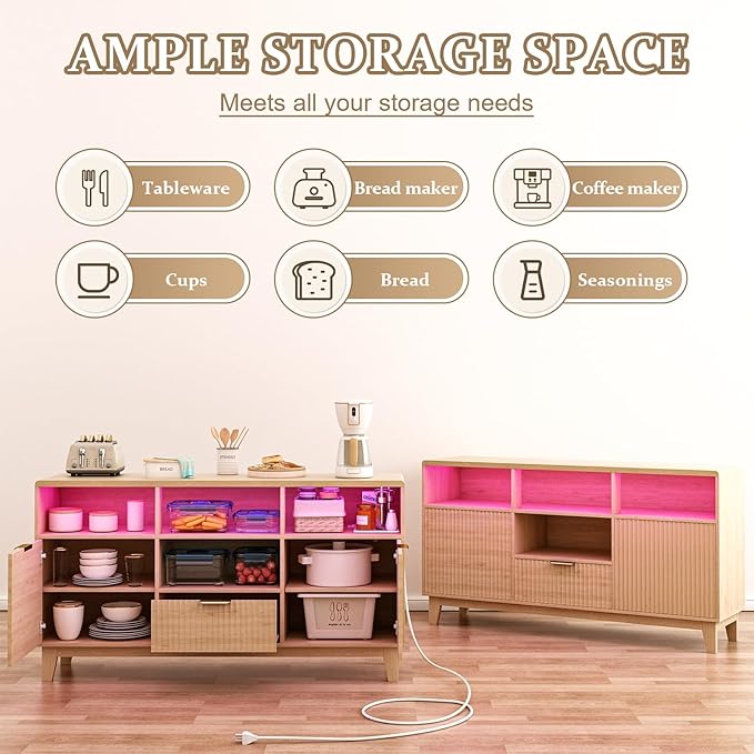 58" Coffee Bar Cabinet with Storage and Drawers, Large Sideboard Buffet Cabinet with Charging Station, Adjustable Lighting, 2 Doors and Open Shelves, Fluted Panel, Natural Oak