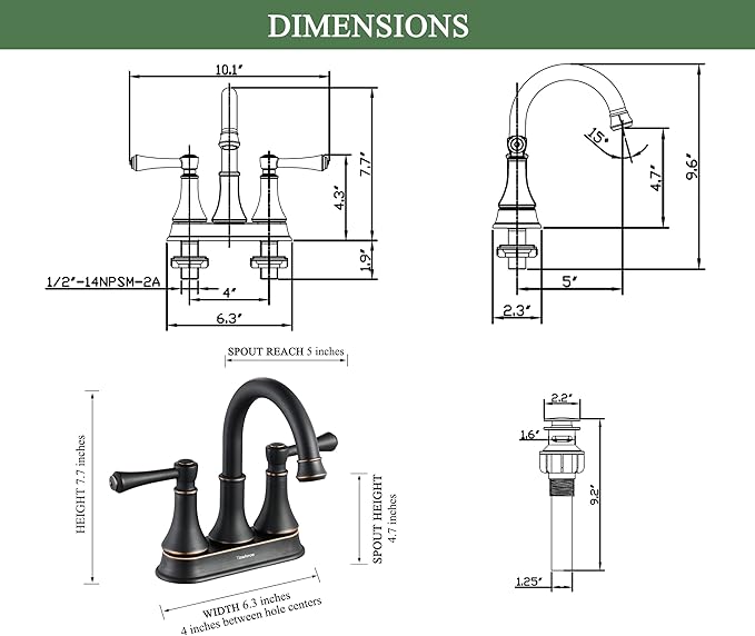 TimeArrow Oil Rubbed Bronze 2 Handle Centerset Bathroom Sink Faucet with Pop up Drain, High Arc Modern 4 Inch Bathroom Vanity Lavatory Faucet for 3 Holes with Brass 360° Swivel Spout, TAF067Y-ORB