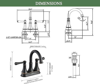 TimeArrow Oil Rubbed Bronze 2 Handle Centerset Bathroom Sink Faucet with Pop up Drain, High Arc Modern 4 Inch Bathroom Vanity Lavatory Faucet for 3 Holes with Brass 360° Swivel Spout, TAF067Y-ORB