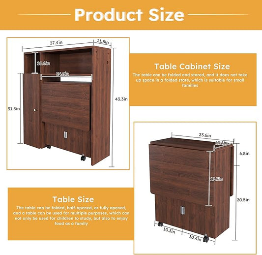 Multifunctional Folding Convertible Space-Saving Table Sideboard Cabinet Tabletop Desk Buffet Hutch Storage Shelving Cupboard Mobile Island Charger Outlets USB Wheels Locking Expandable (Walnut)