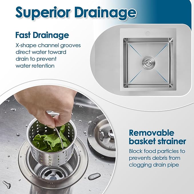 ROVOGO 17"x19"x8" Bar Sink Drop in, Top Mount Kitchen Sink Single Bowl 304 Stainless Steel, Small Wet Bar Prep Sink with 1 Hole, Brushed