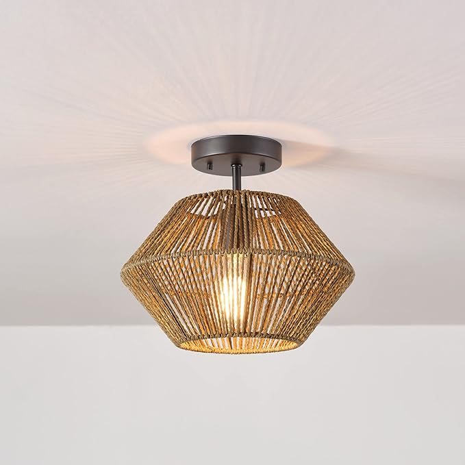 GLOBE Electric 65891 1-Light Flush Mount Ceiling Light, Matte Black, Natural Twine Shade