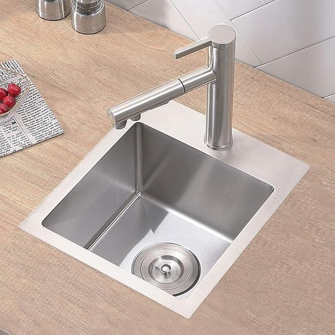 VCCUCINE Bar Sink Drop in,13x15 Inch Topmount RV Small Kitchen Sink,Handmade Stainless Steel Wet Bar Sink,Outdoor Single Bowl,Brushed Nickel Prep Sink with Accessories