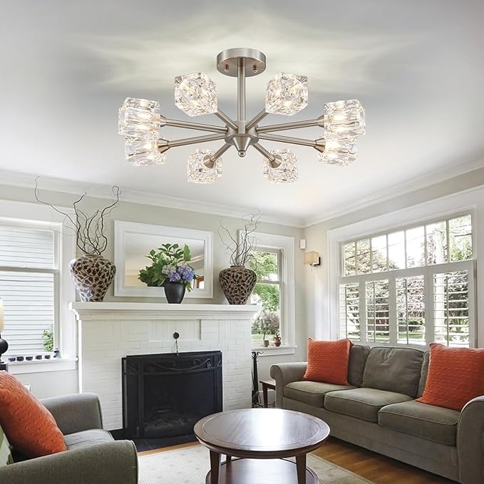 XINGQI 8-Light Brushed Nickel Modern Sputnik Chandeliers Semi Flush Mount Ceiling Light Fixture for Dining Room Bedroom Living Room Kitchen Entryway