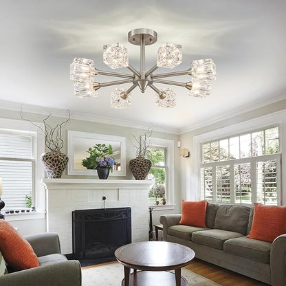 XINGQI 8-Light Brushed Nickel Modern Sputnik Chandeliers Semi Flush Mount Ceiling Light Fixture for Dining Room Bedroom Living Room Kitchen Entryway