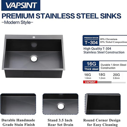 VAPSINT 33x22 Black Drop in Kitchen Sink, 33 Inch Gunmetal Black Stainless Steel Top Mount Kitchen Sink, Single Bowl Laundry Sink with Strainer