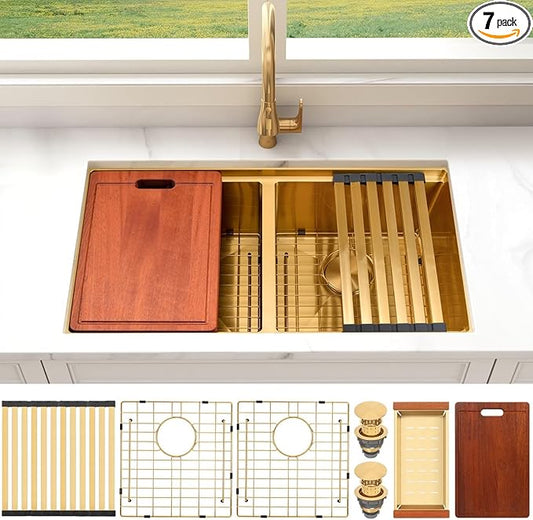 Double Bowl Kitchen Sink 30" X 18",Gold Kitchen Sink Undermount,16 Gauge Stainless Steel Double Bowl Sinks with Workstation