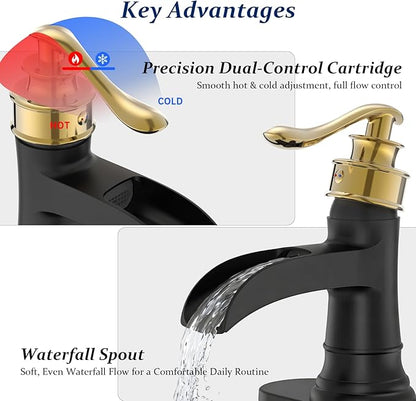 BWE Bathroom Sink Faucet Gold with Matte Black Waterfall Farmhouse Vanity Lavatory Single Hole Faucets One Handle Bath Antique Mixer with Water Supply Line