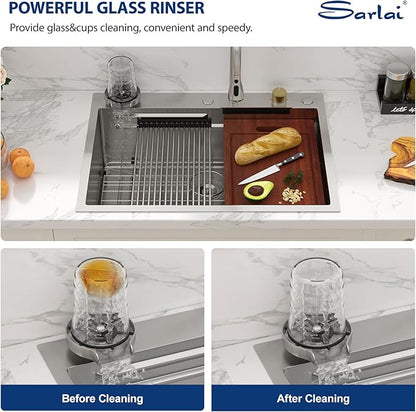 Sarlai 28 Inch Waterfall Kitchen Sink Drop In - 28x22 Waterfall Drop Workstation Stainless Steel 16 Gauge Multifunction Single Bowl Smart Top Mount Kitchen Sink with Faucet Combo