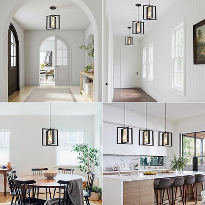 Black Pendant Lights for Kitchen Island Industrial Lantern Pendant Light Fixtures with Golden Lamp Cup, Farmhouse Adjustable Height Hanging Pendant Lighting