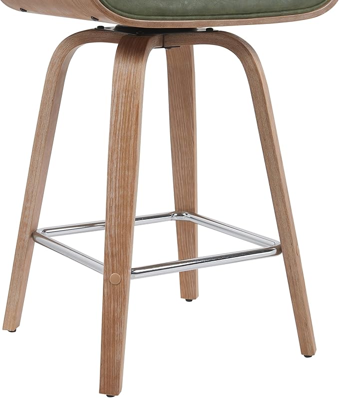 Armen Living Tyler Modern Counter Height Swivel Bar Stool with White Wash Finished Wood and Vintage Green Upholstery
