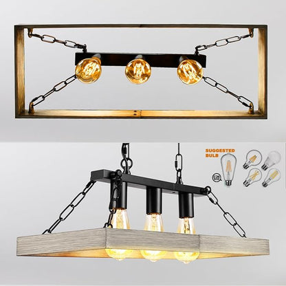 Rustic Farmhouse Chandelier for Dining Room 3-Lights Black+Wood