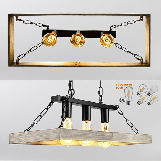 Rustic Farmhouse Chandelier for Dining Room 3-Lights Black+Wood