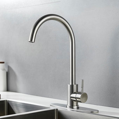 Single Handle High Arc Brushed Nickel Kitchen Faucet Stainless Steel Commercial Single Hole Kitchen Sink Faucet, Modern One Hole Bar Sink Faucet with Deck Plate