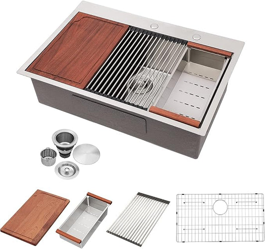 33 Inch Drop In Kitchen Sink Workstation - Beslend 16 Gauge T304 stainless Steel Drop In Sink 33x22 Single Bowl Top Mount Over Counter Handmade Kitchen Basin 33x22x10 Inch
