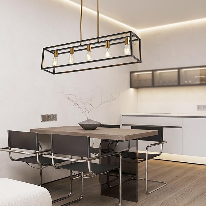 Kitchen Light Fixtures Farmhouse Rectangle Chandeliers Dining Room Light for Dining Rooms, Light Fixture Matte 5-Light Industrial Pendant Lighting