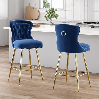 Luxurious Velvet Counter Height Bar Stools Set of 2 with Metal Legs, Button Tufted, Nailheads Trim, Wing-Back Bar Chairs for Kitchen Island Dining Room Pub(Blue)