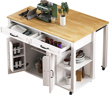 Kitchen Island with Extendable Dining Table 2 Drawers and 2 Cabinets Internal Storage Rack and Built-in Power Outlet with Wheels Practical(White)