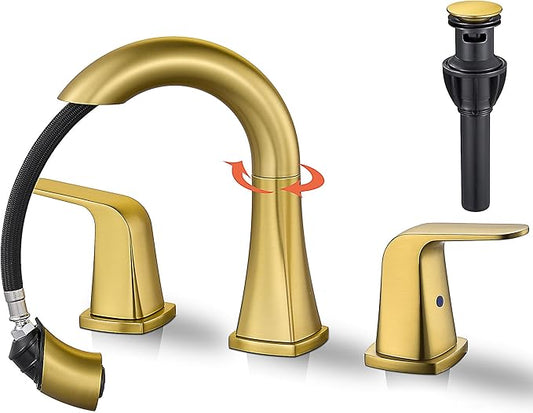 Gold Bathroom Faucet with Sprayer - Brushed Gold Faucets for Sink 3 Holes, Bathroom Pull Down Faucet, 2 Handles 8 Inch Widespread Vanity Faucet with Pull Out Sprayer & Pop-up Drain