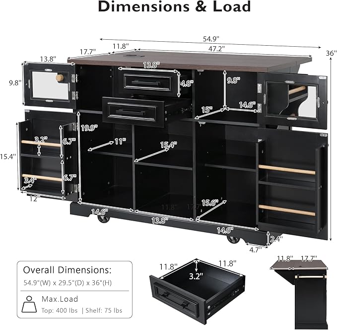 RUNNA 54.9" Kitchen Island with Drop Leaf,Power Outlet,Storage Cart with 4 Door Shelves,Cross Barn Doors & Visual Glass Door,Rolling on 4 Wheels,Dining Room (Black#77)