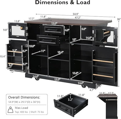 RUNNA 54.9" Kitchen Island with Drop Leaf,Power Outlet,Storage Cart with 4 Door Shelves,Cross Barn Doors & Visual Glass Door,Rolling on 4 Wheels,Dining Room (Black#77)