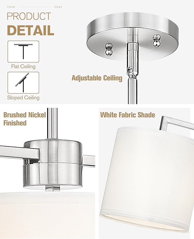 Emak 3-Light Dining Room Light Fixture, Brushed Nickel Kitchen Island Lighting with Linen Drum Shade, Modern Linear Chandeliers for Dining Room, Kitchen, Bar, IL128-BN-WF-3
