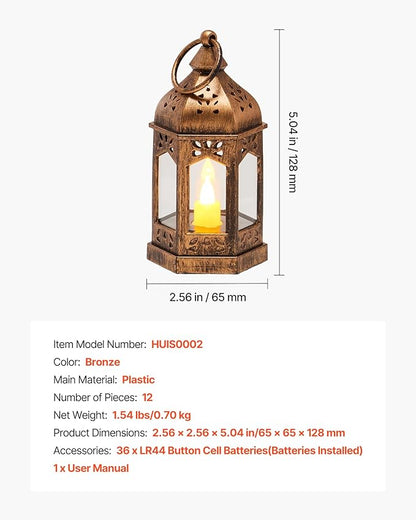 VEVOR 12 Pcs Decorative Candle Lantern, LED Electric Flameless Candle, Plastic LED Holder with Glass, Wall Hanging Indoor Porch Lanterns for Wedding Table Party Farmhouse Indoor Decor, Bronze