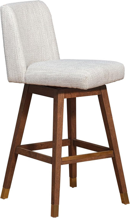 Armen Living Basila Modern Farmhouse 30" Seat Height Swivel Bar Stool for Kitchen Island Counter in Brown Oak Wood with Beige Fabric