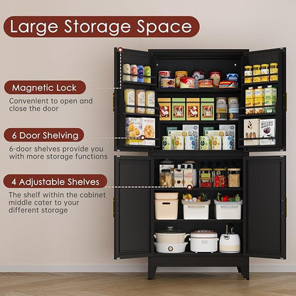 PAOFIN 75" H Metal Storage Cabinet, Pantry with 6 Door Shelves and 4 Adjustable Shelves, Leveling Foot for Kitchen, Living Room and Dinning Room, Black