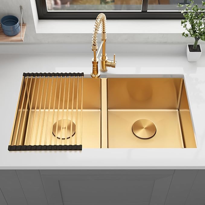 Double Bowl Gold Kitchen Sink 31" X 18",50/50 Double Bowl Undermount Kitchen Sinks,16 Gauge Stainless Steel Undermount Gold Sink
