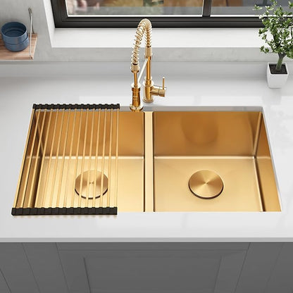 Double Bowl Gold Kitchen Sink 31" X 18",50/50 Double Bowl Undermount Kitchen Sinks,16 Gauge Stainless Steel Undermount Gold Sink