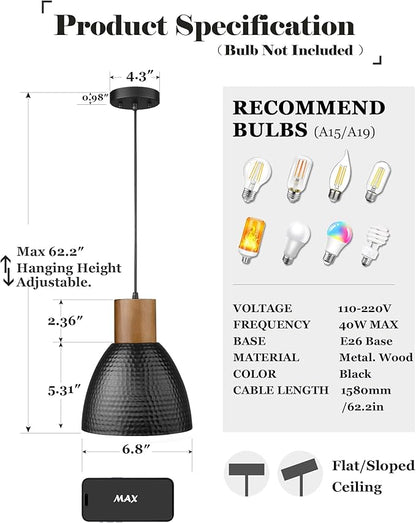 ELYONA Industrial Hammered Pendant Light 7” Small Solid Wood Hanging Lamp with Hammered Metal Shade, Farmhouse Pendant Light Fixtures for Kitchen Island, Dining Room, Bedroom, Office, Modern Black