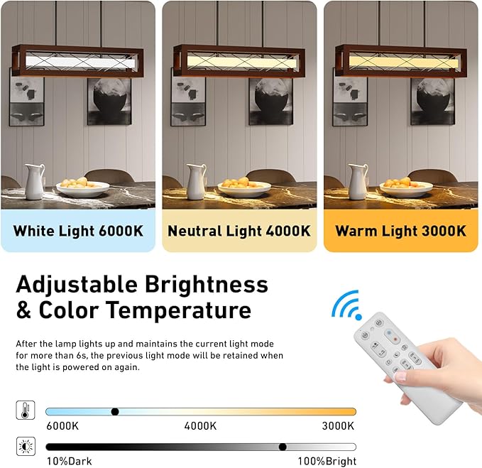 31.5" Farmhouse Kitchen Island Lighting, Rustic Wood Linear Chandeliers for Dining Room Light Fixture, 30W LED Dimmable Rectangular Pendant Lights for Kitchen Island Over Table with Remote