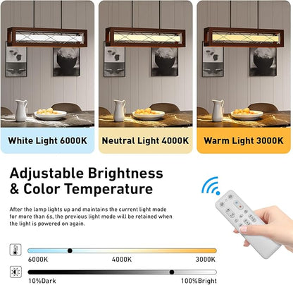 31.5" Farmhouse Kitchen Island Lighting, Rustic Wood Linear Chandeliers for Dining Room Light Fixture, 30W LED Dimmable Rectangular Pendant Lights for Kitchen Island Over Table with Remote