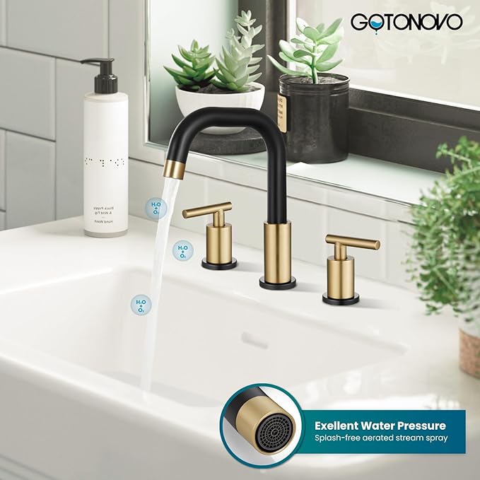 gotonovo 8 Inch Widespread Bathroom Sink Faucet 3 Hole 2 Handles Lavatory Basin with Pop Up Drain with Hot and Cold Mixer Valves Modern Black & Brushed Gold