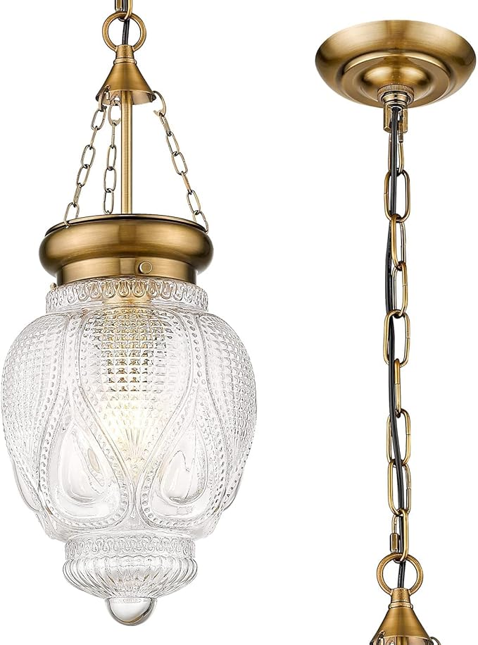 Vintage Brushed Gold Pendant Light with 7.9in Clear Heavy Thick Glass, Farmhouse Bronze Pendant Lights Kitchen Island, Vintage Looking Hall Pendant Light Fixture for Hallway, Bathroom, Bedroom