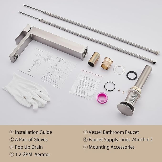 AVSIILE Vessel Sink Faucet, Brushed Nickel 1 Hole Single Handle Tall Bathroom Vanity Faucets, Modern Utility Rv Laundry Bath Restroom Mixer Tap with Metal Pop Up Drain and 2 Water Supply Lines