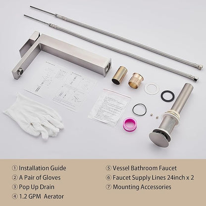 AVSIILE Vessel Sink Faucet, Brushed Nickel 1 Hole Single Handle Tall Bathroom Vanity Faucets, Modern Utility Rv Laundry Bath Restroom Mixer Tap with Metal Pop Up Drain and 2 Water Supply Lines